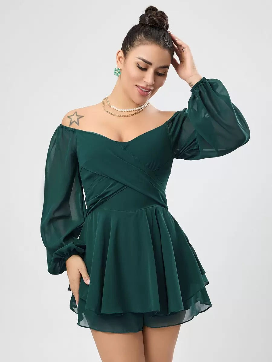 Casual Bateau Neck Pleated Layered Chiffon Mini Dress
