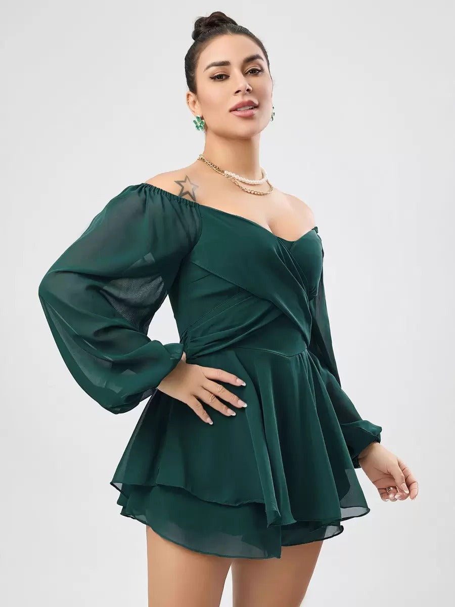 Casual Bateau Neck Pleated Layered Chiffon Mini Dress