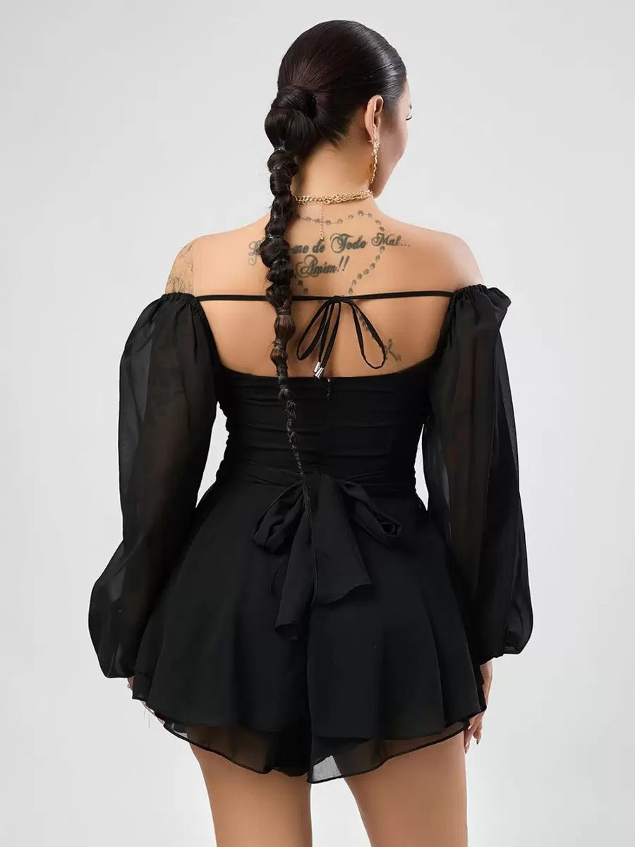 Casual Bateau Neck Pleated Layered Chiffon Mini Dress