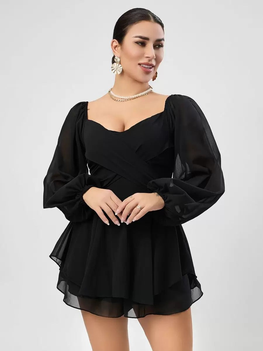 Casual Bateau Neck Pleated Layered Chiffon Mini Dress