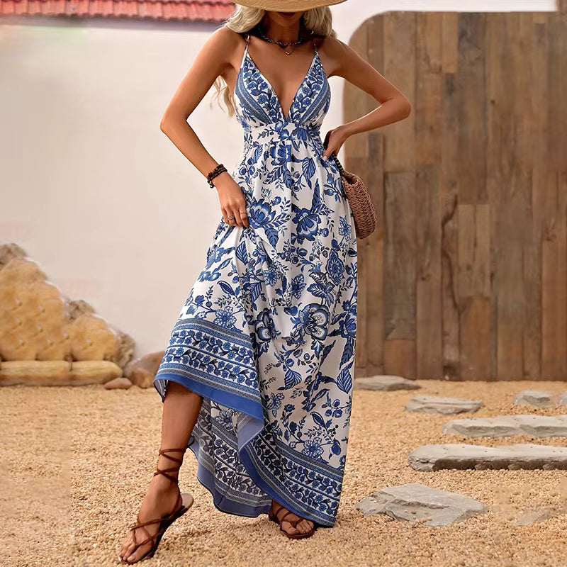 Casual Beach Style Breathable Spaghetti Strap Floor-Length Maxi Dress