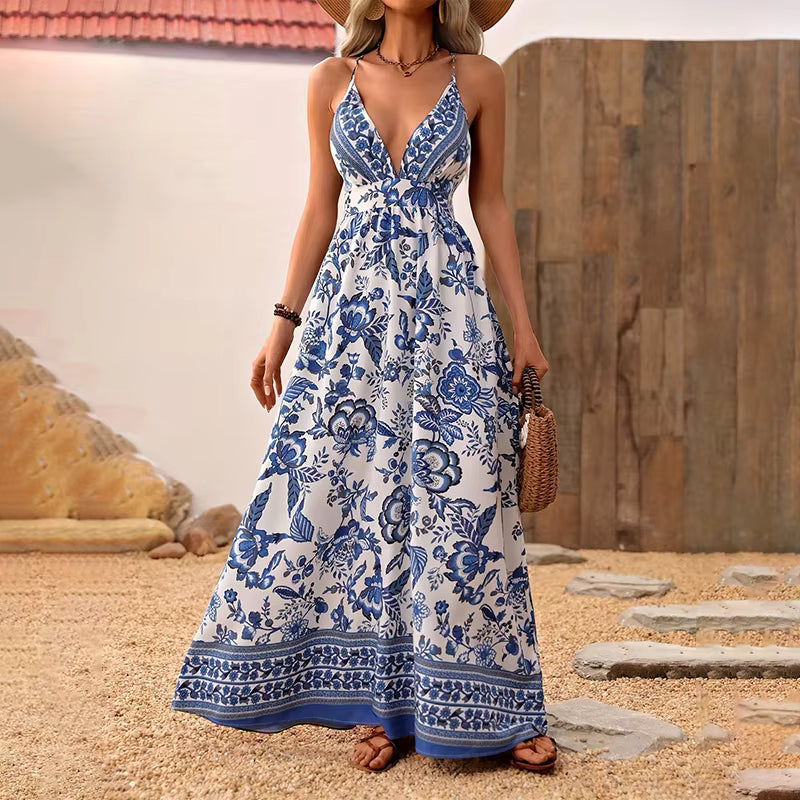 Casual Beach Style Breathable Spaghetti Strap Floor-Length Maxi Dress
