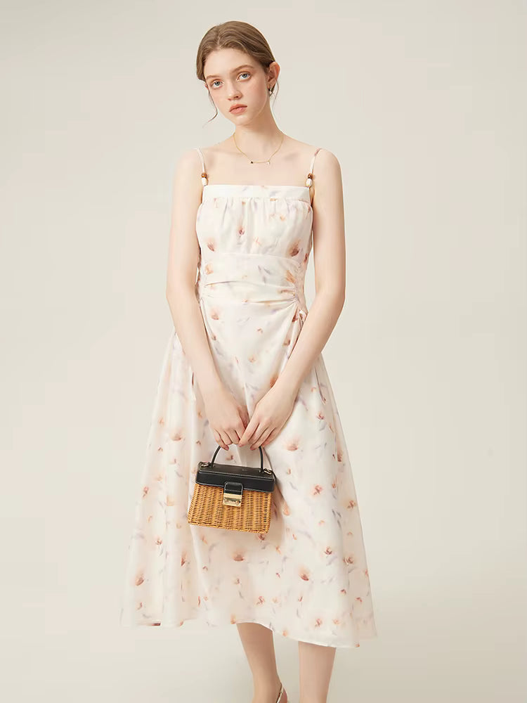 Casual Beautiful Chic Style Pleated Floral Suspender Slimming Midi Dress
