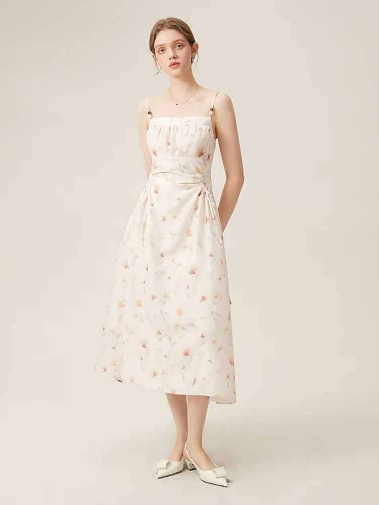 Casual Beautiful Chic Style Pleated Floral Suspender Slimming Midi Dress