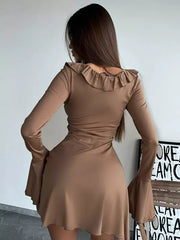 Casual Bell Sleeve Crew Neck Ruffled Skater Mini Dress
