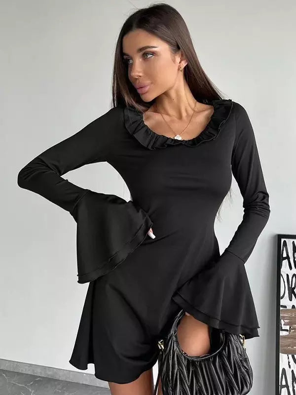 Casual Bell Sleeve Crew Neck Ruffled Skater Mini Dress