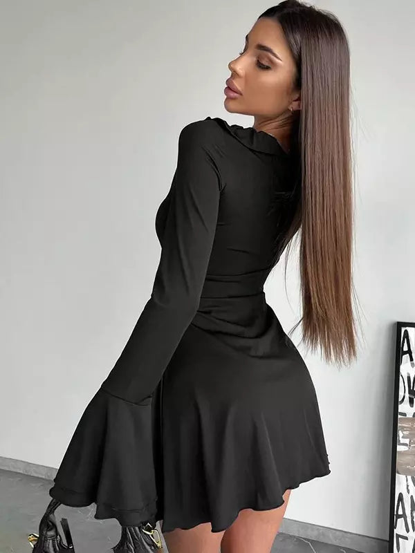 Casual Bell Sleeve Crew Neck Ruffled Skater Mini Dress