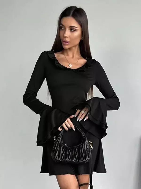 Casual Bell Sleeve Crew Neck Ruffled Skater Mini Dress