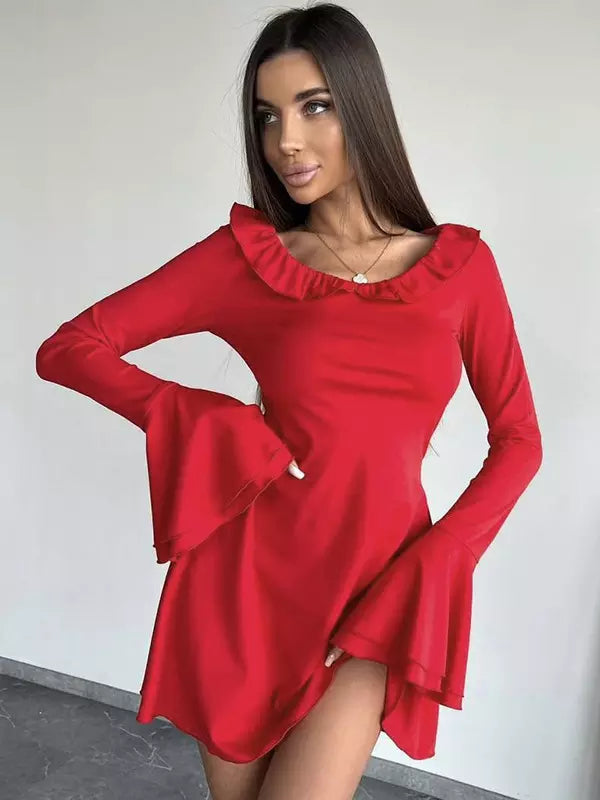 Casual Bell Sleeve Crew Neck Ruffled Skater Mini Dress