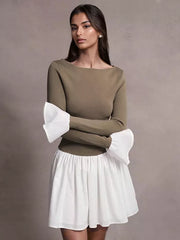 Casual Bell Sleeve Skater Contrast Color Mini Dress