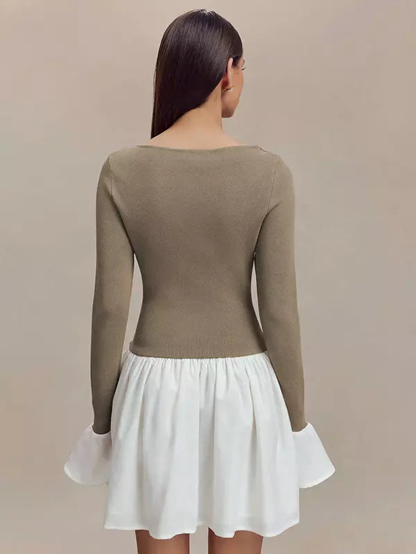 Casual Bell Sleeve Skater Contrast Color Mini Dress