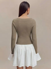 Casual Bell Sleeve Skater Contrast Color Mini Dress