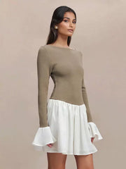 Casual Bell Sleeve Skater Contrast Color Mini Dress