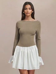 Casual Bell Sleeve Skater Contrast Color Mini Dress