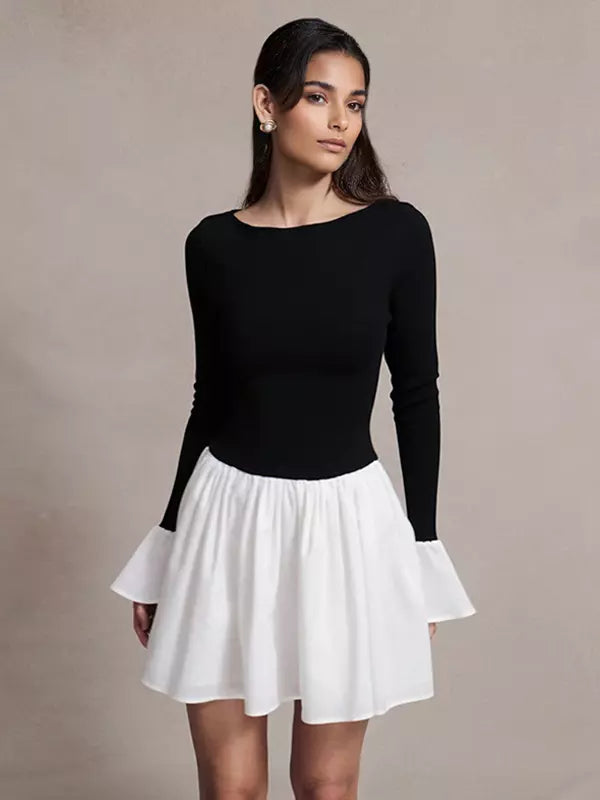 Casual Bell Sleeve Skater Contrast Color Mini Dress