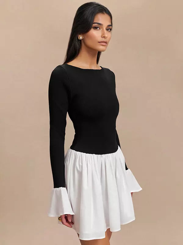 Casual Bell Sleeve Skater Contrast Color Mini Dress