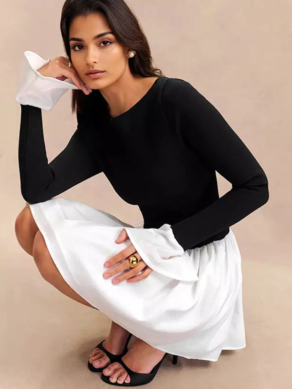 Casual Bell Sleeve Skater Contrast Color Mini Dress