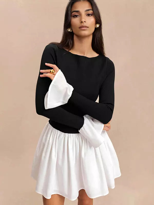 Casual Bell Sleeve Skater Contrast Color Mini Dress