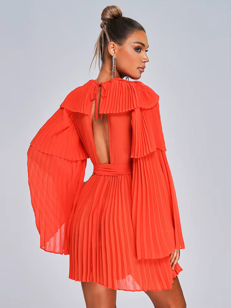 Casual Belt Backless Lace-up Ruffled Deep V-Neck Flare Long Sleeve Pleated Mini Dress