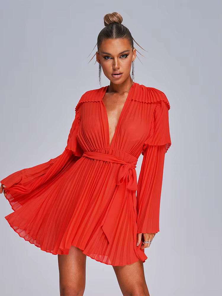 Casual Belt Backless Lace-up Ruffled Deep V-Neck Flare Long Sleeve Pleated Mini Dress