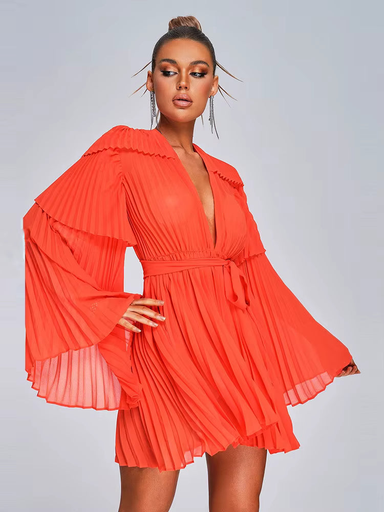 Casual Belt Backless Lace-up Ruffled Deep V-Neck Flare Long Sleeve Pleated Mini Dress