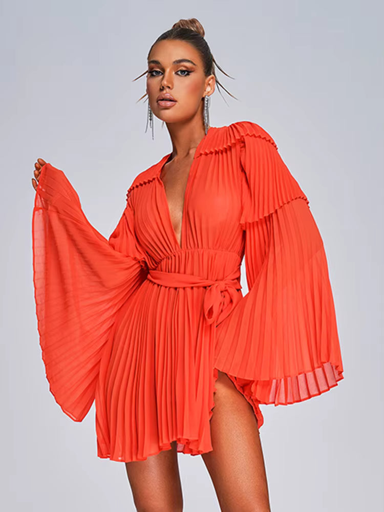 Casual Belt Backless Lace-up Ruffled Deep V-Neck Flare Long Sleeve Pleated Mini Dress