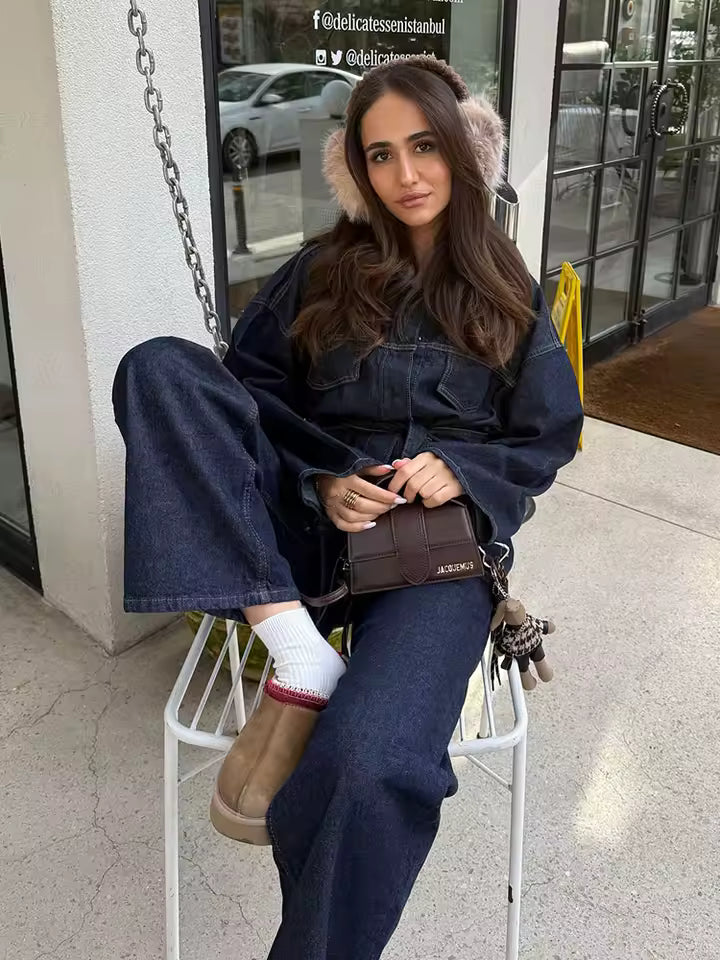 Casual Belt Lapel Single-Breasted Pocket Jacket Coat Zipper Slim Wide Leg Pant Two Piece Set