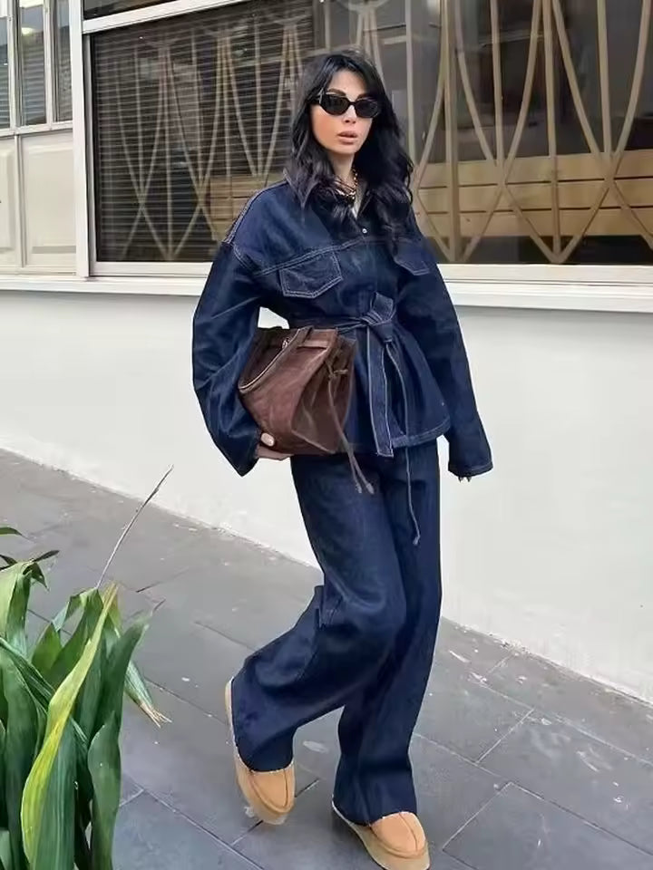 Casual Belt Lapel Single-Breasted Pocket Jacket Coat Zipper Slim Wide Leg Pant Two Piece Set