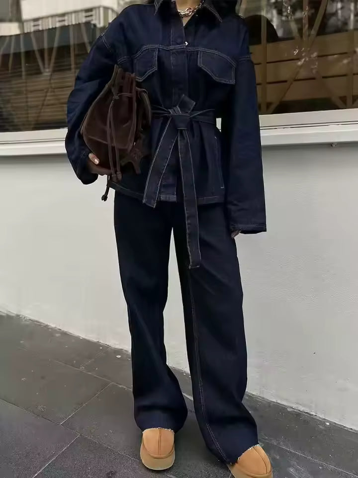 Casual Belt Lapel Single-Breasted Pocket Jacket Coat Zipper Slim Wide Leg Pant Two Piece Set