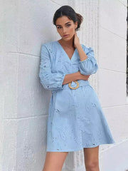 Casual Belted V-Neck Lantern Long Sleeve Street Wear Mini Dress