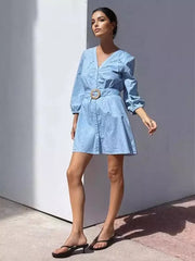 Casual Belted V-Neck Lantern Long Sleeve Street Wear Mini Dress