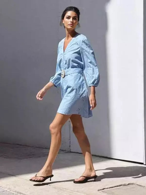 Casual Belted V-Neck Lantern Long Sleeve Street Wear Mini Dress