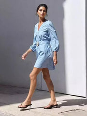 Casual Belted V-Neck Lantern Long Sleeve Street Wear Mini Dress