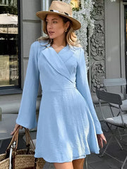 Casual Belted Wrap with Wide Long Sleeves Lapel Belted Mini Skater Dress