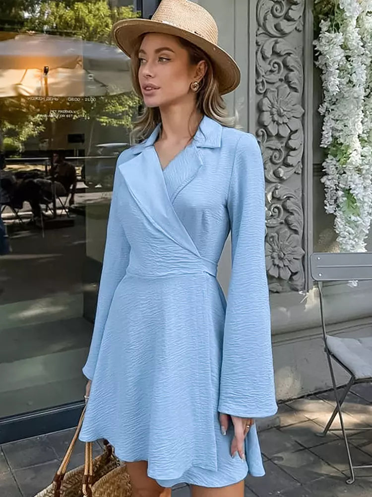 Casual Belted Wrap with Wide Long Sleeves Lapel Belted Mini Skater Dress