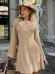 Casual Belted Wrap with Wide Long Sleeves Lapel Belted Mini Skater Dress