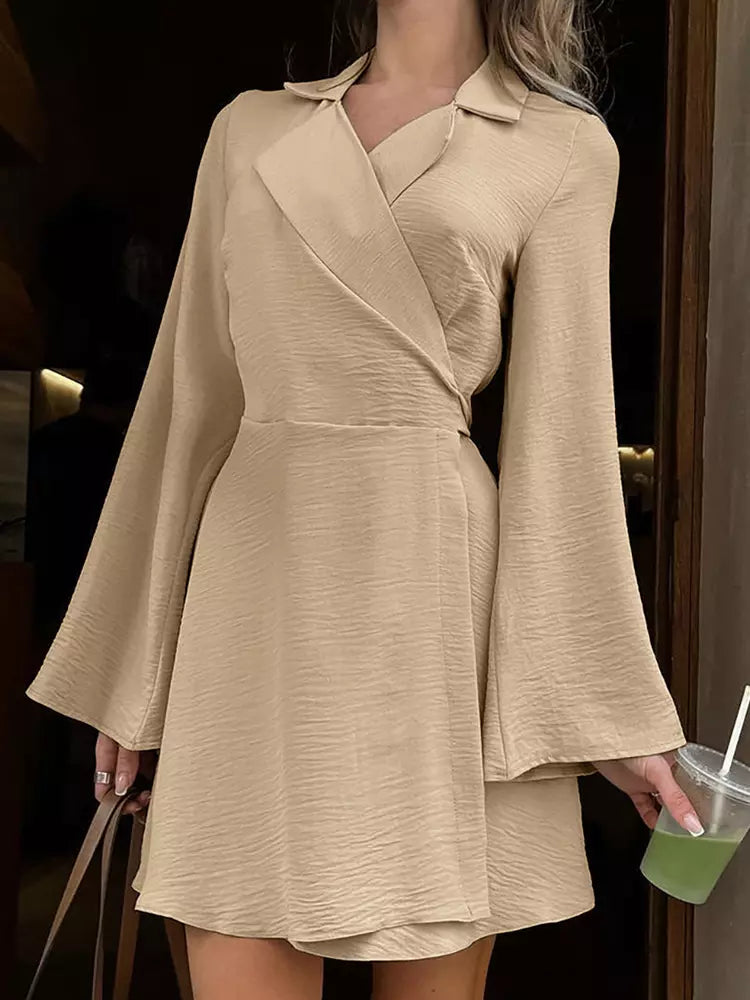 Casual Belted Wrap with Wide Long Sleeves Lapel Belted Mini Skater Dress