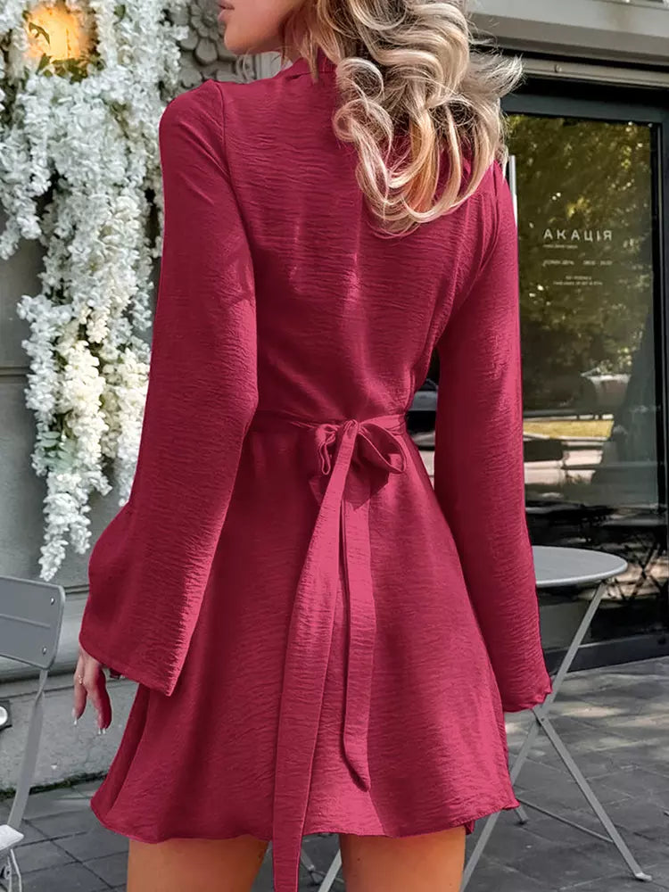 Casual Belted Wrap with Wide Long Sleeves Lapel Belted Mini Skater Dress