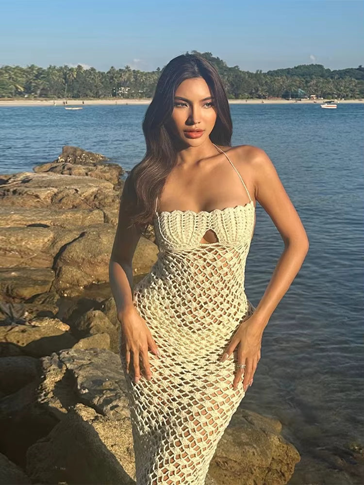 Casual Bikini Halter Hollow Out Slim Fit Robe Strap Wrap Hip Long Knitted Dress