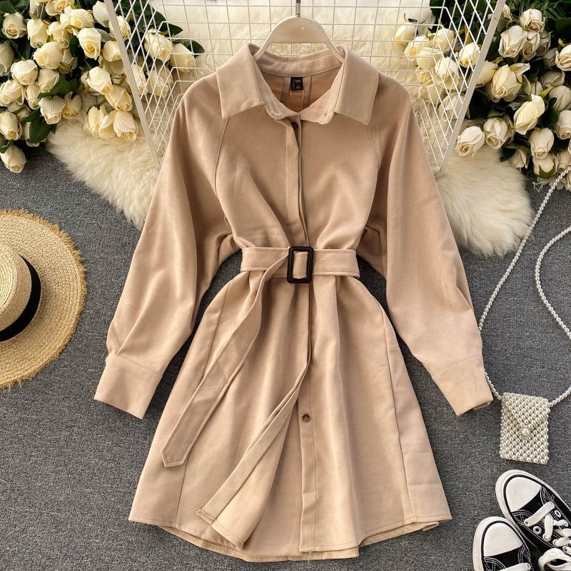 Casual Blouse Turn-down Collar Long Sleeve Short A-line Streetwear Dress