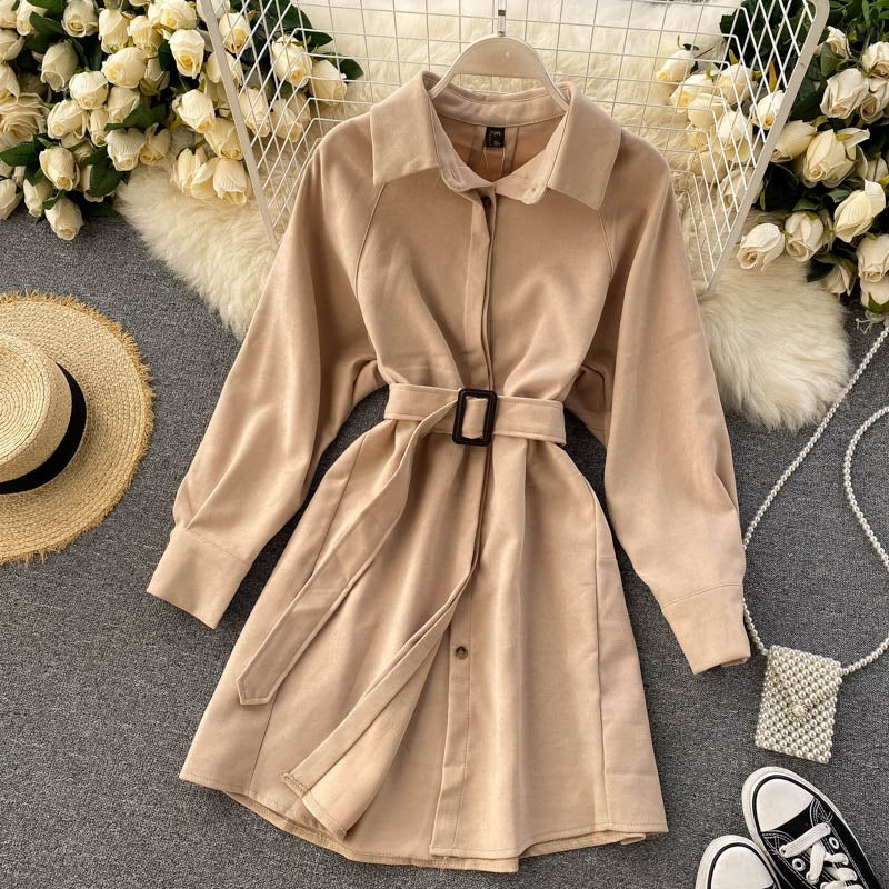 Casual Blouse Turn-down Collar Long Sleeve Short A-line Streetwear Dress