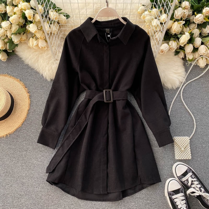 Casual Blouse Turn-down Collar Long Sleeve Short A-line Streetwear Dress