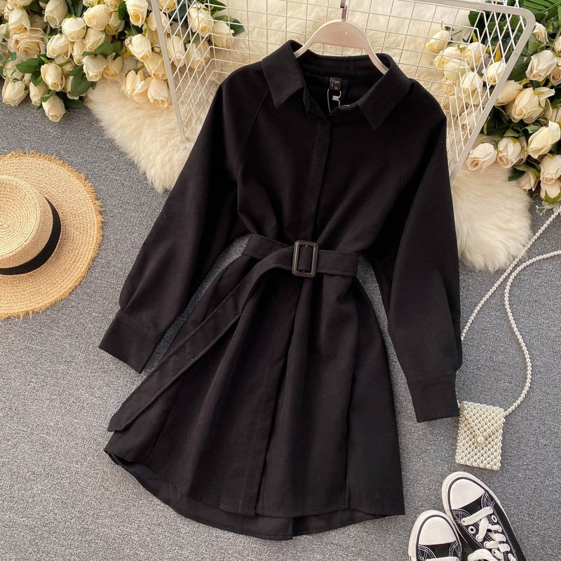 Casual Blouse Turn-down Collar Long Sleeve Short A-line Streetwear Dress