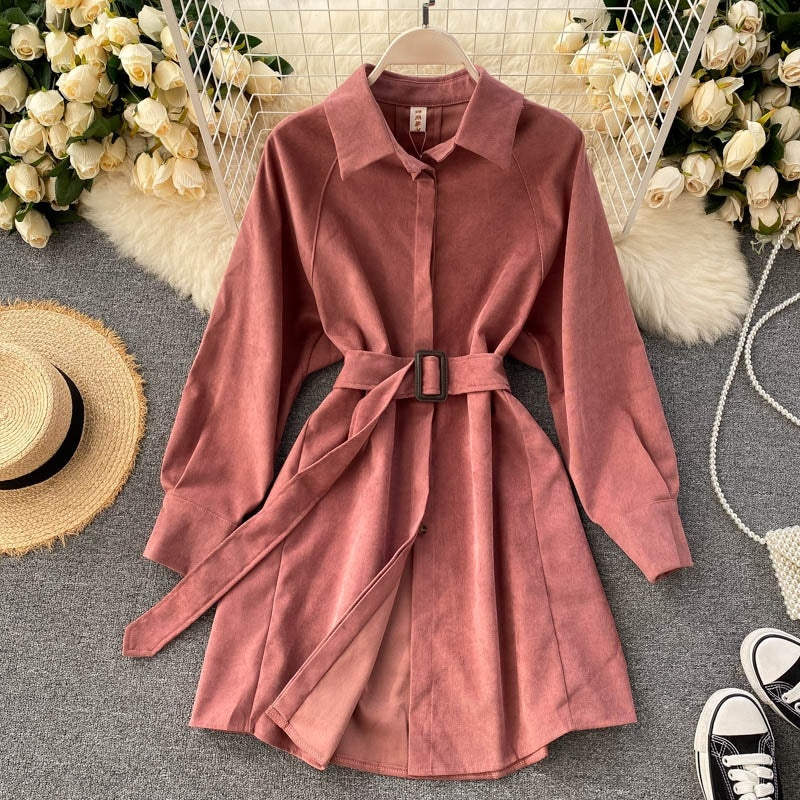 Casual Blouse Turn-down Collar Long Sleeve Short A-line Streetwear Dress