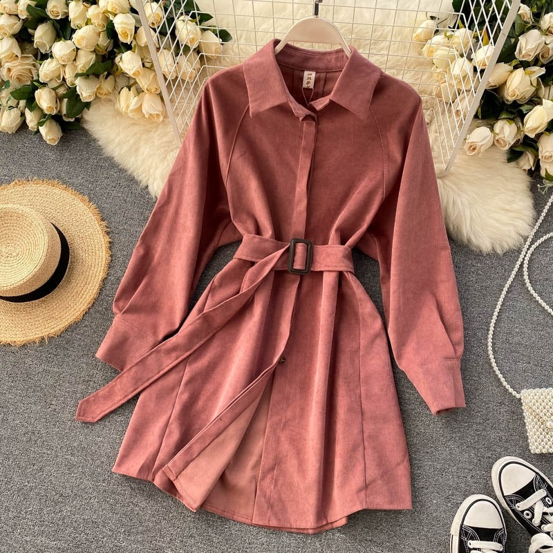 Casual Blouse Turn-down Collar Long Sleeve Short A-line Streetwear Dress