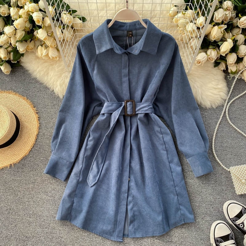 Casual Blouse Turn-down Collar Long Sleeve Short A-line Streetwear Dress