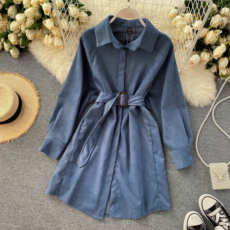 Casual Blouse Turn-down Collar Long Sleeve Short A-line Streetwear Dress