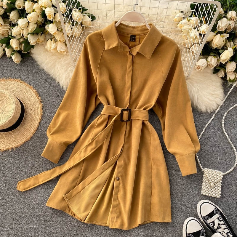 Casual Blouse Turn-down Collar Long Sleeve Short A-line Streetwear Dress