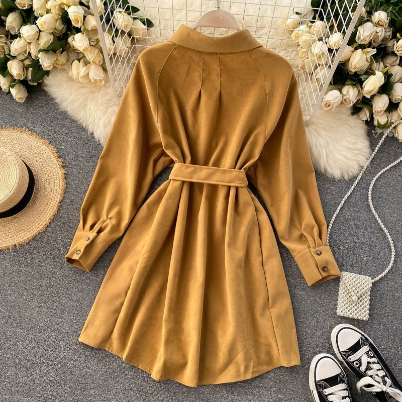 Casual Blouse Turn-down Collar Long Sleeve Short A-line Streetwear Dress
