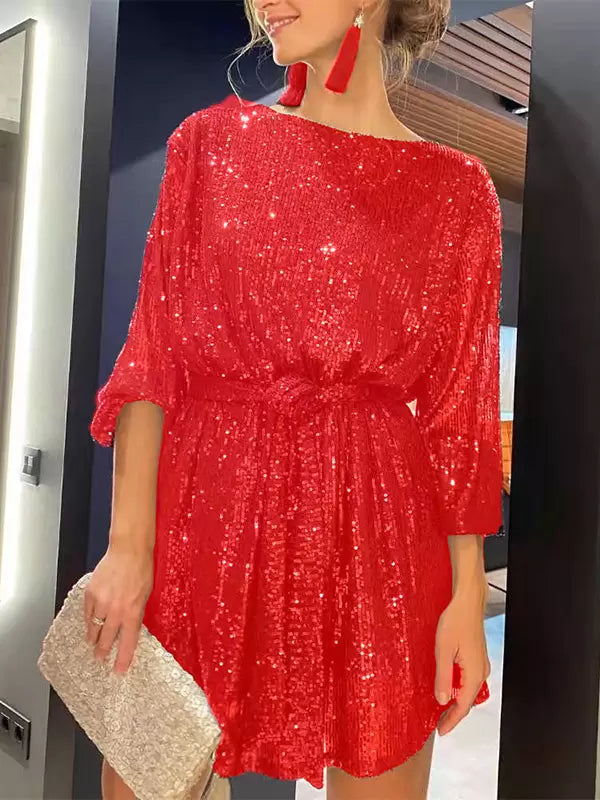 Casual Boatneck Belted Long Sleeves Short Loose Dresses